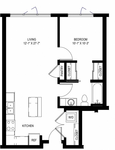 Floor plan for 1 bed, 1 bath, 641 sqft